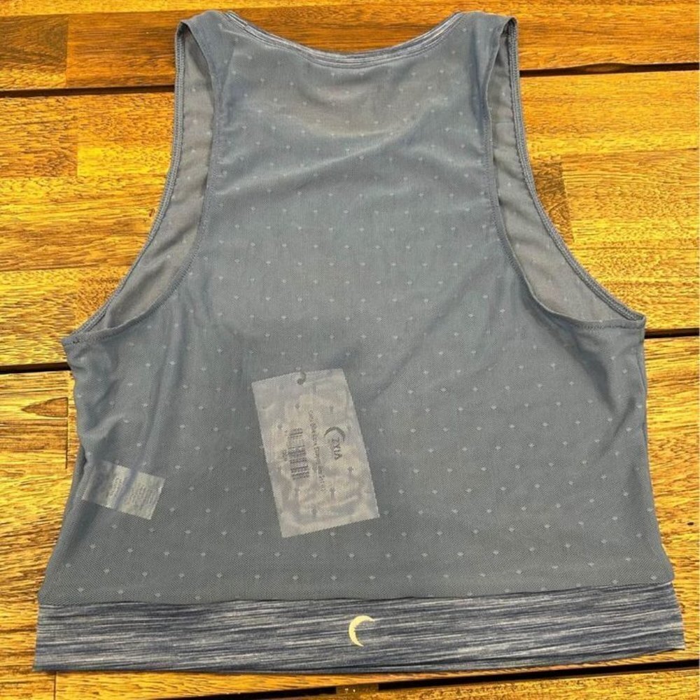 ZYIA active mesh crew, cropped tank. Polka dots. Blue. Soft waist band. NWT. Lar